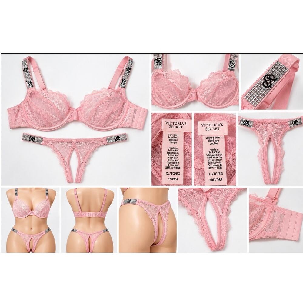 Victoria's Secret Very Sexy Pink Lace Rhinestone Bra 38D Thong XL Set NWT